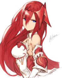 Rule 34 | 1girl, armor, bad id, bad pixiv id, bare shoulders, blue eyes, breasts, commentary request, detached collar, elbow gloves, from side, gloves, godsworn alexiel, granblue fantasy, hair between eyes, hair ornament, headgear, highres, koretsuki azuma, long hair, looking at viewer, medium breasts, red hair, revision, signature, simple background, sketch, solo, very long hair, white background, white gloves