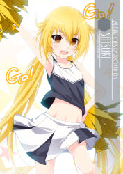 Rule 34 | 1girl, alternate costume, armpits, artist name, blonde hair, character name, cheering, cheerleader, cowboy shot, crop top, flat chest, highres, holding, holding pom poms, inaba shiki, kantai collection, long hair, looking at viewer, midriff, miniskirt, one-hour drawing challenge, pleated skirt, pom pom (cheerleading), pom poms, satsuki (kancolle), skirt, sleeveless, solo, standing, star (symbol), starry background, twintails, white background, yellow eyes