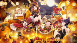 Rule 34 | + +, black dress, breasts, brown hair, candle, candy, cat, dog, dress, food, full body, gloves, halloween, headphones, highres, long hair, long sleeves, moon, multiple girls, official art, official wallpaper, open mouth, pumpkin, short hair, smile, technictix