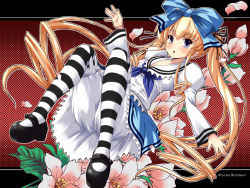 Rule 34 | 00s, alternate costume, bow, flower, pantyhose, rozen maiden, shinku, shinshin, solo, striped clothes, striped pantyhose, thighhighs, wallpaper