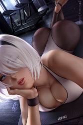 Rule 34 | 1girl, ass, blue eyes, breasts, cleavage, commentary, dutch angle, elbow rest, english commentary, eyes visible through hair, hairband, head on hand, large breasts, leotard, lips, looking at viewer, lying, mole, mole under mouth, nier (series), nier:automata, olchas, on stomach, pantyhose, short hair, solo, white hair, wristband, 2b (nier:automata)