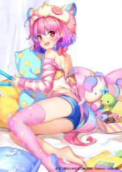 Rule 34 | 1girl, :d, ahoge, animal hat, artist name, bad id, bad pixiv id, bare shoulders, barefoot, blue bow, bow, box, character request, colorful, doughnut, fang, feathers, feet, food, food print, gradient hair, hat, looking at viewer, macaron, multicolored hair, no shoes, on bed, open mouth, pillow, pink bow, pink eyes, pink hair, pink thighhighs, shorts, single thighhigh, smile, solo, stella chen yui, striped, striped sleeves, stuffed snake, stuffed toy, tail, thighhighs, thighs, watermark, white feathers
