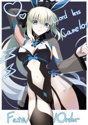 1girl absurdres adapted_costume animal_ears black_leotard black_thighhighs blue_eyes breasts cleavage clothing_cutout fate/grand_order fate_(series) gluteal_fold hand_up highres koma315ht leotard long_hair looking_at_viewer morgan_le_fay_(fate) navel navel_cutout ponytail rabbit_ears solo thighhighs thighs white_hair