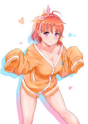 Rule 34 | 1girl, ahoge, anchor symbol, blush, bow, breasts, cardigan, cleavage, collarbone, drop shadow, hair bow, hair ribbon, hairband, heart, highres, kanabun, large breasts, lip biting, looking at viewer, love live!, love live! sunshine!!, naked cardigan, orange cardigan, orange hair, oversized clothes, pink ribbon, red eyes, ribbon, short hair, sleeves past fingers, sleeves past wrists, solo, takami chika, white background, yellow bow