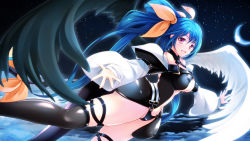 Rule 34 | 1girl, angel wings, asymmetrical wings, bad id, bad pixiv id, blue hair, bow, breasts, choker, cloud, dizzy (guilty gear), flying, guilty gear, guilty gear x, guilty gear xx, hair bow, highres, large breasts, long hair, looking at viewer, moon, navel, open mouth, outstretched hand, red eyes, ribbon, sky, solo, tail, tail ornament, tail ribbon, tebukuro, thighhighs, twintails, underboob, wings