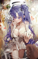 Rule 34 | 1boy, 1girl, absurdres, alternate costume, averting eyes, blue archive, blush, breasts, bridal gauntlets, bride, cleavage, dress, flower, halo, heart, highres, holding, holding flower, jewelry, large breasts, pov, pov hands, purple eyes, purple hair, reaching, reaching towards viewer, renn 01, ring, sweatdrop, two side up, wedding ring, white dress, yuuka (blue archive)