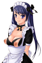 Rule 34 | 1girl, apron, breasts, choker, female focus, frills, highres, long hair, looking at viewer, maid, maid apron, maid headdress, nippleless clothes, nipples, original, purple eyes, purple hair, red-p, smile, solo