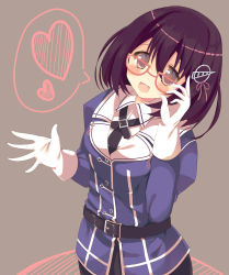 Rule 34 | 10s, 1girl, black hair, blush, glasses, gloves, haguro (kancolle), hair ornament, highres, kantai collection, looking at viewer, military, military uniform, minase kaya, open mouth, puffy sleeves, short hair, skirt, solo, uniform, white gloves