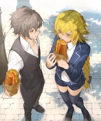 Rule 34 | !, 1boy, 1girl, absurdres, arm at side, black pants, black thighhighs, black vest, blonde hair, blue bow, blue jacket, blue shorts, bow, braid, braided ponytail, brown footwear, closed mouth, cobblestone, commentary, dappled sunlight, eating, fate/apocrypha, fate (series), food, foreshortening, full body, grey hair, hair between eyes, hair bow, hand up, hands up, highres, holding, holding food, jacket, jeanne d&#039;arc (fate), jeanne d&#039;arc (girl from orleans) (fate), loafers, long hair, long sleeves, looking at another, looking down, outdoors, pants, purple eyes, red eyes, road, sandwich, shirt, shoes, short hair, shorts, sieg (fate), single braid, smile, spoken exclamation mark, standing, street, sunlight, thighhighs, vest, white shirt, wrapper, zettai ryouiki, zuraa (naunau seijin)
