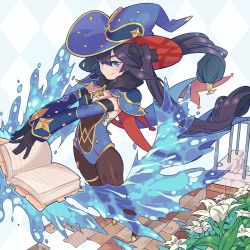 Rule 34 | 1girl, black gloves, black hair, black pantyhose, blue eyes, book, breasts, cape, cleavage, commentary request, detached sleeves, floating, floating book, floating object, flower, genshin impact, gloves, hair between eyes, hat, kyouyasai4423, long hair, looking at viewer, mona (genshin impact), pantyhose, sidelocks, smile, solo, twintails, water, witch hat