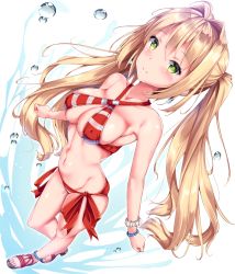 Rule 34 | 1girl, anklet, bikini, blonde hair, bracelet, breasts, cleavage, closed mouth, commentary request, earrings, fate (series), fukuda shuushi, full body, green eyes, hair intakes, halterneck, highres, jewelry, long hair, looking at viewer, medium breasts, navel, nero claudius (fate), nero claudius (fate) (all), nero claudius (swimsuit caster) (fate), red bikini, sandals, side-tie bikini bottom, smile, solo, standing, striped bikini, striped clothes, swimsuit, twintails, water drop