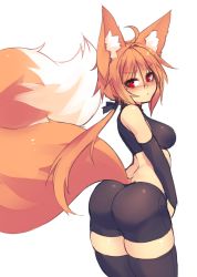 Rule 34 | 1girl, ahoge, animal ear fluff, animal ears, ass, bare shoulders, bike shorts, black gloves, black ribbon, black thighhighs, blush, closed mouth, commentary, curvy, elbow gloves, eyes visible through hair, fluffy, fox ears, fox tail, gloves, hair between eyes, hair ribbon, highres, hip focus, huge ass, large tail, looking at viewer, midriff, orange hair, original, pout, red eyes, ribbon, short hair with long locks, simple background, sketch, solo, sub-res, suzu (sub-res), tail, thick thighs, thighhighs, thighs, v-shaped eyebrows, white background, wide hips