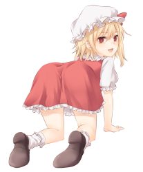Rule 34 | 1girl, :d, all fours, ass, blonde hair, bow, brown footwear, commentary request, dress, flandre scarlet, frilled shirt collar, frills, from behind, full body, hair between eyes, hat, hat bow, loafers, looking at viewer, looking back, miyo (ranthath), mob cap, no wings, open mouth, puffy short sleeves, puffy sleeves, red bow, red dress, red eyes, shoes, short hair, short sleeves, side ponytail, simple background, smile, socks, solo, thighs, touhou, transparent background, white background, white hat, white socks