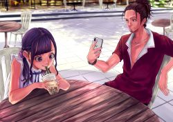 Rule 34 | 1boy, 1girl, bad id, bad pixiv id, black hair, braid, bubble tea, cellphone, chair, cup, day, disposable cup, dolo1327, dress, drinking, drinking straw, facial hair, hair ornament, hair scrunchie, highres, huge filesize, jewelry, necklace, original, outdoors, phone, ponytail, red shirt, scrunchie, shirt, sideburns, sleeveless, table, watch, white dress, wristwatch