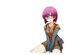 Rule 34 | 1girl, bag, belt, bike shorts, blue eyes, blush, breasts, chrono trigger, closed mouth, collarbone, glasses, looking at viewer, lucca ashtear, pattsun bob, purple hair, short hair, shoulder bag, simple background, solo, white background