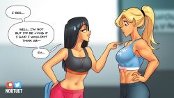 Rule 34 | 2girls, beverly (nortuet), black hair, blonde hair, breasts, english text, gym, hands on own hips, highres, large breasts, long hair, medium breasts, midriff, multiple girls, muscular, muscular female, navel, nortuet, original, ponytail, sarah (nortuet), speech bubble, sports bra, sweatdrop, upper body, yuri