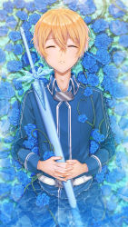 Rule 34 | 1boy, absurdres, blonde hair, blue flower, blue jacket, blue rose, closed eyes, commentary request, eugeo, facing viewer, flower, hair between eyes, hands on own stomach, highres, holding, holding sword, holding weapon, jacket, liang an, long sleeves, looking at viewer, lying, male focus, on back, pants, parted lips, partially submerged, rose, sheath, sheathed, short hair, smile, solo, sword, sword art online, sword art online: alicization, teeth, water, weapon