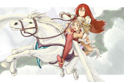 Rule 34 | 2girls, armor, blonde hair, blue eyes, boots, cloud, cordelia (fire emblem), fire emblem, fire emblem awakening, flying, gauntlets, gloves, hair ornament, horse, lissa (fire emblem), long hair, multiple girls, nintendo, nonji (sayglo halo), pegasus, red eyes, red hair, short twintails, sky, thighhighs, twintails, wings