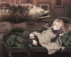 Rule 34 | 1girl, animal, black shirt, black thighhighs, blanket, blonde hair, closed eyes, couch, eel, eyelashes, high heels, long hair, lying, moray eel, on back, on couch, original, painting (object), pumps, shirt, shoe dangle, sleeping, thighhighs, yu (lovepayon)