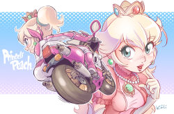 Rule 34 | 1girl, blonde hair, blue eyes, bodysuit, breasts, character name, crown, dual persona, earrings, elbow gloves, gloves, jewelry, kiichi, lipstick, lots of jewelry, makeup, mario (series), mario kart, motor vehicle, motorcycle, necklace, nintendo, ponytail, princess peach, signature, solo, super mario bros. 1, vehicle, white gloves