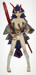 Rule 34 | 1girl, absurdres, bandaged leg, bandages, bell, blue hair, broken horn, budget sarashi, chest sarashi, club, club (weapon), flat chest, full body, fundoshi, fundoshi lift, hair bell, hair ornament, highres, horns, japanese clothes, jingle bell, kanabou, katana, long hair, looking at viewer, low-tied long hair, mossacannibalis, nail polish, off shoulder, oni, oni horns, original, pigeon-toed, pointy ears, red eyes, red nails, sarashi, simple background, smile, solo, spiked club, standing, sword, tassel, toenails, very long hair, weapon, white background