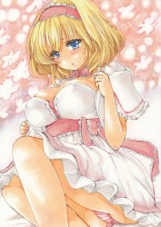 Rule 34 | 1girl, absurdres, adapted costume, alice margatroid, alternate color, blonde hair, blue eyes, blush, breasts, capelet, cleavage, dress, covered erect nipples, hairband, highres, large breasts, lolita hairband, looking at viewer, marker (medium), panties, pantyshot, pink panties, sash, sitting, solo, touhou, traditional media, underwear, white dress, yurun