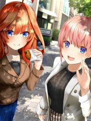 Rule 34 | 2girls, :d, :t, ahoge, black shirt, blue eyes, blue skirt, blurry, blurry background, blush, bread, breasts, brown jacket, building, casual, collarbone, commentary request, eating, eyebrows hidden by hair, food, go-toubun no hanayome, hair between eyes, hair ornament, hand up, highres, jacket, large breasts, long hair, looking at viewer, multiple girls, nakano ichika, nakano itsuki, open clothes, open jacket, open mouth, outdoors, parted hair, pink hair, plaid, plaid skirt, planter, pleated skirt, red hair, shade, shiranui (nisioisin sinob), shirt, short hair, siblings, sidewalk, sisters, skirt, smile, star (symbol), star hair ornament, tree, waving, white jacket, window