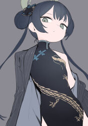 Rule 34 | 1girl, bare shoulders, black coat, black dress, black hair, blue archive, butterfly hair ornament, china dress, chinese clothes, coat, double bun, dragon print, dress, expressionless, flat chest, green eyes, grey background, hair bun, hair ornament, halo, highres, kisaki (blue archive), long hair, long sleeves, looking at viewer, looking down, mandarin collar, pelvic curtain, revision, signalviolet, simple background, sketch, sleeveless, sleeveless dress, solo, striped, striped coat, twintails, upper body