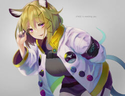 Rule 34 | 1girl, animal ears, arknights, black nails, blonde hair, blue tail, breasts, grey background, grey sweater, highres, jacket, large breasts, long sleeves, looking at viewer, open clothes, open jacket, puffy long sleeves, puffy sleeves, purple eyes, short hair, smile, solo, sweater, takechi akinobu, upper body, utage (arknights)