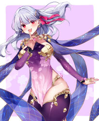Rule 34 | 1girl, absurdres, armlet, armor, bare shoulders, bikini armor, blush, bracelet, breasts, circlet, collar, detached sleeves, dress, earrings, fate/grand order, fate (series), floral print, hair ribbon, highres, index finger raised, jewelry, kama (fate), kama (second ascension) (fate), large breasts, long hair, looking at viewer, metal collar, misaki346, open mouth, pelvic curtain, purple dress, purple sleeves, purple thighhighs, red eyes, ribbon, ring, smile, solo, thighhighs, thighlet, thighs, white hair