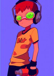 Rule 34 | 1boy, beat (jsr), black pants, blue background, brown hair, can, closed mouth, clothes writing, fingerless gloves, frown, gloves, green-tinted eyewear, headphones, highres, holding, holding can, jet set radio, male focus, menma (enaic31), pants, pink-framed eyewear, shirt, short hair, simple background, spray can, t-shirt, tinted eyewear, yellow shirt