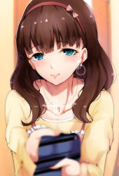 Rule 34 | 1girl, absurdres, blue necktie, blurry, blurry background, blurry foreground, blush, bow, brown hair, closed mouth, depth of field, earrings, frilled sleeves, frills, gem, glint, hair bow, hairband, highres, idolmaster, idolmaster cinderella girls, jewelry, long hair, long sleeves, necklace, necktie, red bow, red hairband, ryuu., sakuma mayu, shirt, smile, solo, striped necktie, upper body, yellow shirt