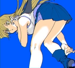 Rule 34 | 1girl, 203wolves, ankle boots, bare arms, bare shoulders, blonde hair, blue footwear, blue skirt, boots, breasts, commentary request, duel academy uniform (yu-gi-oh! gx), dutch angle, fingernails, from behind, high heels, highres, long hair, looking at viewer, looking back, medium breasts, miniskirt, parted bangs, simple background, skirt, sleeveless, smile, solo, tenjouin asuka, uniform, yellow eyes, yu-gi-oh!, yu-gi-oh! gx