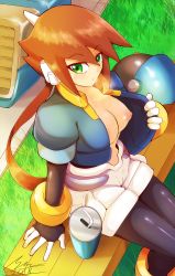 Rule 34 | 1girl, 2018, aile (mega man zx), arm support, bench, blue jacket, bracelet, breasts, brown hair, can, dated, drinking straw, from above, gloves, grass, green eyes, hair between eyes, unworn headwear, helmet, unworn helmet, highres, jacket, jewelry, large breasts, legs together, long hair, looking to the side, mega man (series), mega man zx, mega man zx advent, nipples, pocket, ponytail, puffy short sleeves, puffy sleeves, robot ears, shiny clothes, short sleeves, shorts, shoutaro saito, signature, sitting, solo, spandex, third-party edit, white shorts