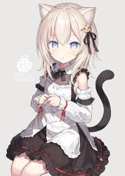 Rule 34 | 1girl, animal ears, apron, black dress, black ribbon, blue eyes, blush, capriccio, cat ears, cat girl, cat tail, commentary request, detached sleeves, dress, feet out of frame, frilled apron, frilled dress, frills, grey background, hair between eyes, hair ribbon, light brown hair, long hair, long sleeves, looking at viewer, original, own hands together, puffy long sleeves, puffy sleeves, ribbon, simple background, sitting, sleeves past wrists, solo, tail, white apron, white sleeves