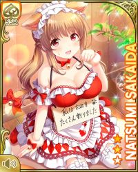 Rule 34 | 1girl, :d, animal ears, bow, breasts, brown hair, cafe, card (medium), cat ears, cat tail, checkered clothes, checkered dress, cleavage, corset, day, dress, fake animal ears, fake tail, girlfriend (kari), indoors, japanese text, kneeling, large breasts, long hair, official art, on floor, open mouth, paw print, qp:flapper, red bow, red corset, red dress, red eyes, sakaida natsumi, sign, smile, solo, tagme, tail, thighhighs, translation request, white headdress
