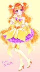 Rule 34 | 1girl, amanogawa kirara, back bow, bare shoulders, boots, bow, brooch, brown hair, character name, collarbone, cure twinkle, dress, earrings, full body, gloves, go! princess precure, gradient background, grin, hair ornament, hair scrunchie, high heel boots, high heels, highres, jewelry, kuzumochi, layered dress, long hair, looking at viewer, magical girl, multicolored hair, petticoat, pink background, precure, purple eyes, quad tails, red hair, scrunchie, skirt hold, smile, solo, standing, star (symbol), star earrings, streaked hair, teeth, thigh boots, thighhighs, twintails, two-tone hair, yellow background, yellow bow, yellow dress, yellow footwear, yellow gloves, yellow scrunchie