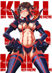 Rule 34 | 10s, 1girl, abs, blue eyes, blush, breasts, brown hair, clenched teeth, commentary, garter straps, hair ornament, hands on own hips, highres, imizu (nitro unknown), kill la kill, long sleeves, looking away, matoi ryuuko, md5 mismatch, midriff, multicolored hair, navel, panties, purple panties, purple thighhighs, red hair, resolution mismatch, revealing clothes, revision, senketsu, showgirl skirt, solo, source smaller, streaked hair, suspenders, sweat, teeth, thighhighs, toned, underboob, underwear, wavy mouth