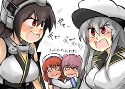 Rule 34 | 4girls, black gloves, black hair, blush, catfight, confrontation, crying, crying with eyes open, elbow gloves, etorofu (kancolle), full-face blush, gangut (kancolle), gaoo (frpjx283), gloves, grey hair, hat, headgear, hug, jacket, kantai collection, kunashiri (kancolle), long hair, military hat, multiple girls, nagato (kancolle), open mouth, peaked cap, pink hair, red eyes, red hair, scared, short hair, tears, twintails, upper body, white hat, white jacket