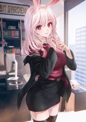 Rule 34 | 1girl, animal ears, bae.c, belt, belt buckle, black jacket, black skirt, book, bookshelf, brown thighhighs, buckle, collared shirt, desk, desk lamp, english text, hair between eyes, hands up, indoors, jacket, lamp, lirin (bae.c), long hair, looking at viewer, monitor, nail polish, off shoulder, open clothes, open jacket, parted lips, pencil skirt, pink nails, rabbit ears, rabbit girl, rabbit tail, red belt, red eyes, red sweater, shirt, skirt, slit pupils, smile, solo, sweater, tail, thighhighs, tsumi no hahen (debris), white hair, white shirt, window