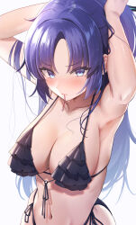 Rule 34 | 1girl, absurdres, alternate costume, armpits, arms up, bad anatomy, bikini, black bikini, blue archive, blue eyes, blush, breasts, cleavage, collarbone, commentary, front-tie bikini top, front-tie top, halterneck, highres, large breasts, looking at viewer, navel, parted bangs, purple eyes, ray mil68, side-tie bikini bottom, simple background, solo, stomach, sweat, swimsuit, symbol-only commentary, tying hair, white background, yuuka (blue archive)