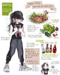 1girl bangoul baseball_cap black_shirt ear_piercing hat korean_text onion original pants piercing salad shirt standing sweat t-shirt