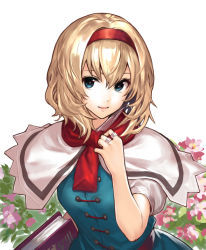 Rule 34 | 1girl, alice margatroid, blonde hair, blouse, blue eyes, book, breasts, capelet, flower, hair between eyes, hairband, hiyashiru, jewelry, lips, looking at viewer, medium breasts, red neckwear, ring, scarf, shirt, short hair, short sleeves, simple background, smile, solo, touhou, upper body, white background