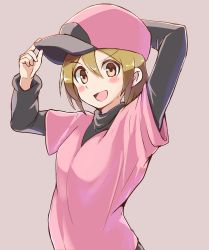 Rule 34 | 1girl, :d, absurdres, adjusting clothes, adjusting headwear, arm behind head, arms up, baseball cap, blush stickers, breasts, brown eyes, brown hair, commentary, dress, grey hat, hair between eyes, hand on headwear, hat, highres, hirotaka (hrtk990203), layered clothes, long sleeves, looking at viewer, minna no rhythm tengoku, open mouth, pink hat, pitcher (rhythm tengoku), rhythm tengoku, short sleeves, small breasts, smile, solo, turtleneck, two-tone headwear, undershirt, upper body, v-shaped eyebrows