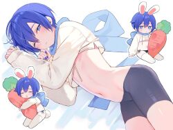 Rule 34 | 1boy, animal ears, bike shorts, black shorts, blue eyes, blue hair, blue nails, blue scarf, chibi, chibi inset, closed eyes, cropped hoodie, crossdressing, feet out of frame, hair between eyes, hood, hoodie, kaito (vocaloid), long sleeves, looking at viewer, lying, male focus, mogu (wy5xrt7w), multiple views, nail polish, navel, on side, one eye closed, rabbit ears, scarf, short hair, short shorts, shorts, stomach, stuffed carrot, trap, vocaloid