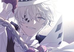 Rule 34 | 1boy, braid, bungou stray dogs, eyepatch, gloves, grey eyes, hand up, hat, highres, jewelry, long hair, long sleeves, male focus, momi atm, necklace, nikolai gogol (bungou stray dogs), one eye covered, parted lips, red gloves, scar, scar across eye, shirt, single braid, smile, solo, upper body, white background, white hair, white hat, white shirt