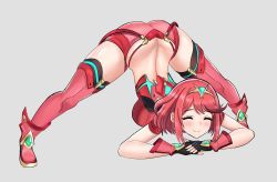Rule 34 | 1girl, ^ ^, ass, black gloves, breasts, butt crack, chest jewel, closed eyes, desspie, dimples of venus, earrings, fingerless gloves, gem, gloves, headpiece, highres, jack-o&#039; challenge, jewelry, large breasts, meme, pyra (xenoblade), red hair, red shorts, red thighhighs, short hair, short shorts, shorts, solo, swept bangs, thighhighs, tiara, xenoblade chronicles (series), xenoblade chronicles 2