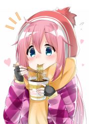 Rule 34 | 1girl, beanie, black gloves, blue eyes, blush, cacao (chocolat), chopsticks, closed mouth, commentary request, fingerless gloves, flying sweatdrops, food, food in mouth, gloves, hair between eyes, hat, heart, highres, holding, holding chopsticks, jacket, kagamihara nadeshiko, long sleeves, looking at viewer, nissin cup noodle, noodles, pink hair, pink jacket, plaid, plaid jacket, red hat, scarf, sidelocks, simple background, slurping, solo, steam, white background, yellow scarf, yurucamp