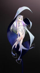 Rule 34 | 1girl, absurdres, alternate costume, alternate hairstyle, bare legs, barefoot, commentary request, cosplay, full body, genshin impact, green eyes, grey hair, hair between eyes, hair down, hair ornament, highres, long hair, looking at viewer, nahida (genshin impact), parted lips, qixia, rukkhadevata (genshin impact), rukkhadevata (genshin impact) (cosplay), sidelocks, sleeveless, solo, symbol-shaped pupils