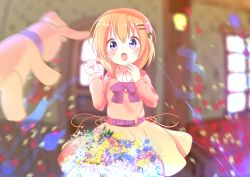Rule 34 | 1girl, :o, belt, blurry, blush, bouquet, bow, bowtie, breasts, casual, collared dress, commentary request, confetti, cowboy shot, day, depth of field, dress, flower, gochuumon wa usagi desu ka?, hair ornament, hairclip, highres, hoto cocoa, indoors, long sleeves, looking at viewer, open mouth, orange dress, orange hair, purple belt, purple bow, purple bowtie, purple eyes, razu bitaki, short hair, small breasts, solo, stuffed animal, stuffed rabbit, stuffed toy, sunlight, surprised, wing collar